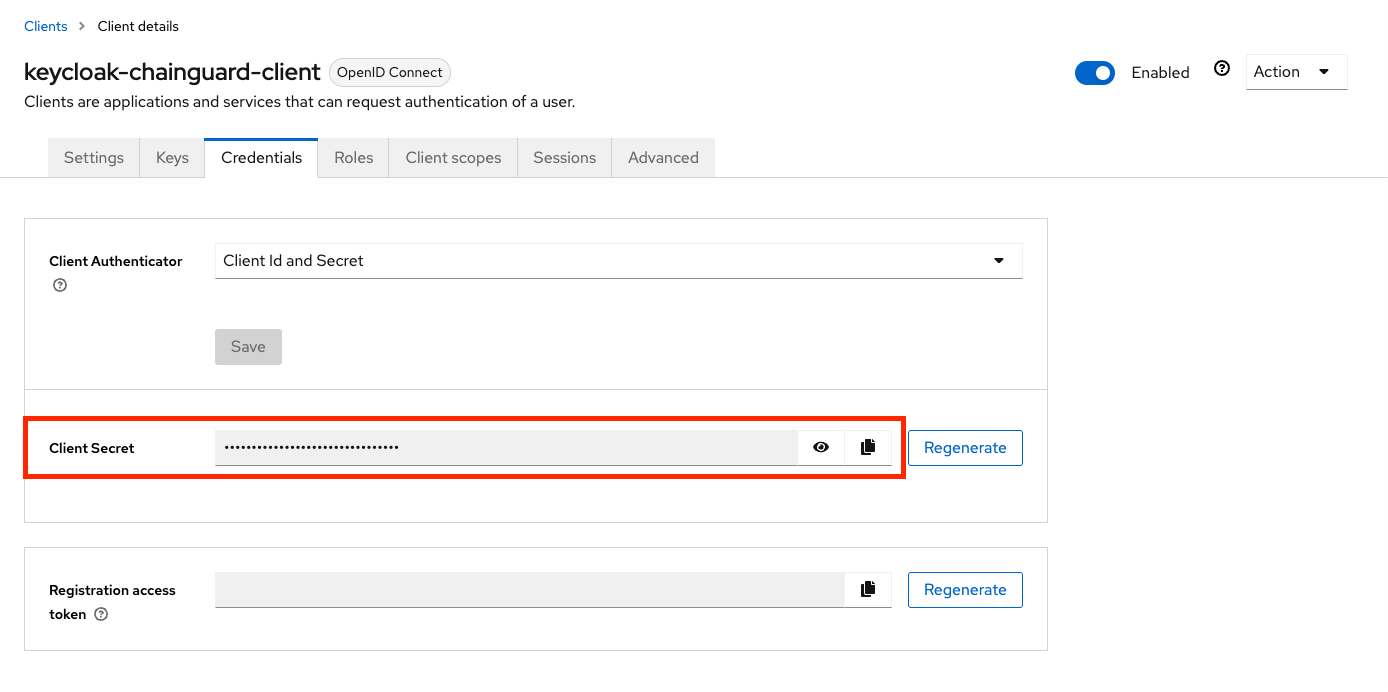 Screenshot of the newly created Keycloak Client's credentials tab, with the Client Secret field highlighted in a red box.